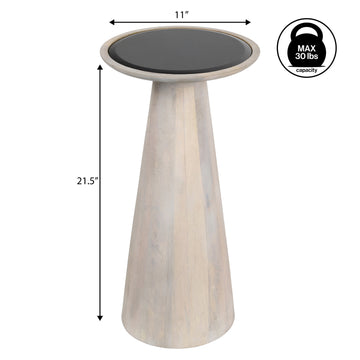 Linden 21.5" Farmhouse Industrial Mango Wood Drink Table and Decorative End Table with Round Black Glass Top and Cone Pedestal Base